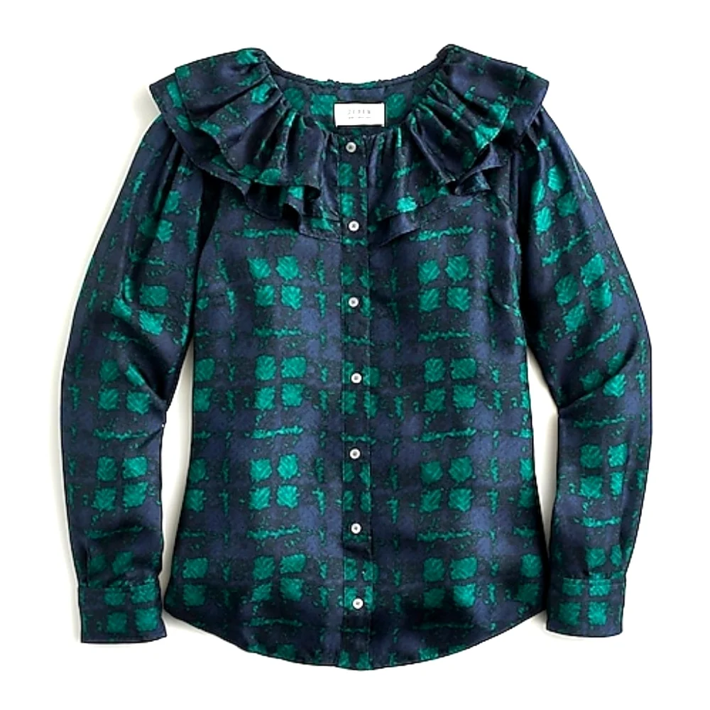 New! J CREW sz XS S X-Small Collection Silk Ruffle Plaid Top NWT